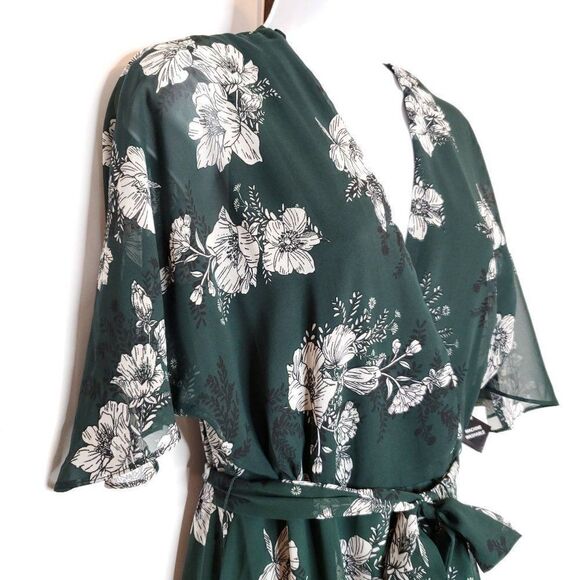 NEW Sandra Darren Floral Dress Sz 6 Sheer Green Belted Waisted A-Line V-Neck - Picture 4 of 7